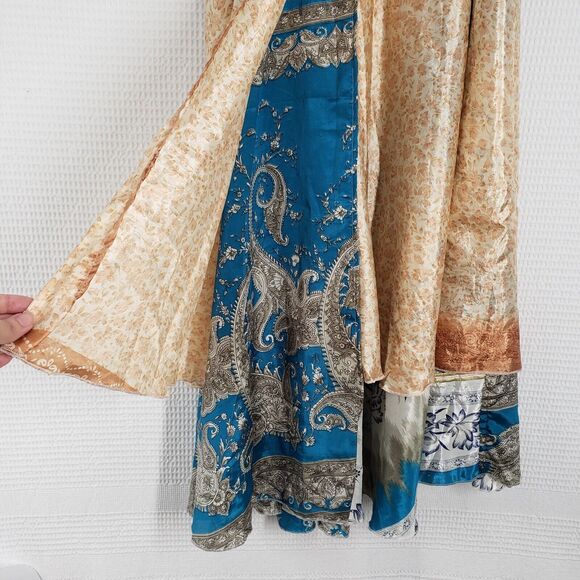 Vintage Satin Sari Wrap Skirts Womens Large Gold Blue Magic Bohemian Multiway - Picture 14 of 16